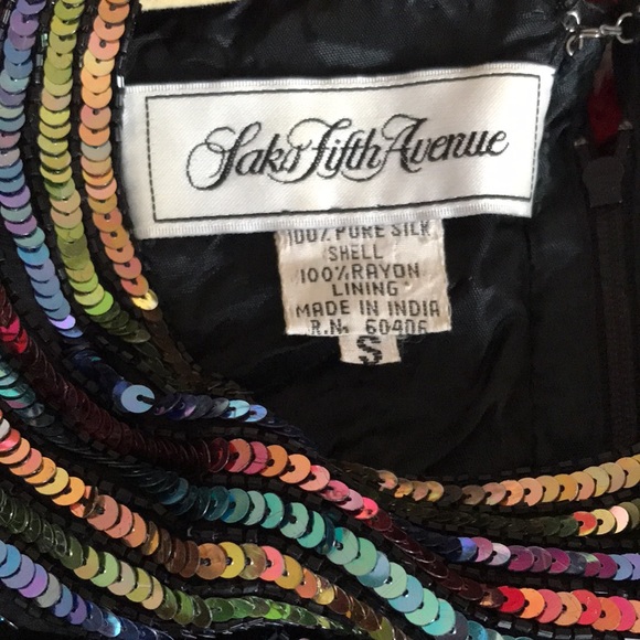 Vintage Saks Fifth Avenue Dress Sequins Rainbow Black Beaded Ruched Mini - Picture 9 of 14